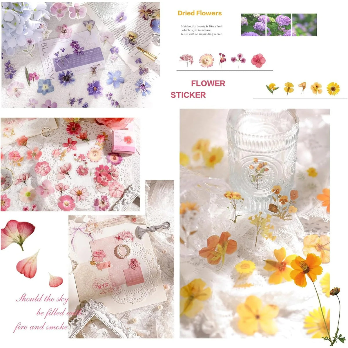 270pcs Flower Stickers Set, Dried Flowers Waterproof Stickers Decals Floral Botanical Journaling Stickers for Scrapbook Supplies Junk Journal Bullet Journals Planner Laptops Art Crafts