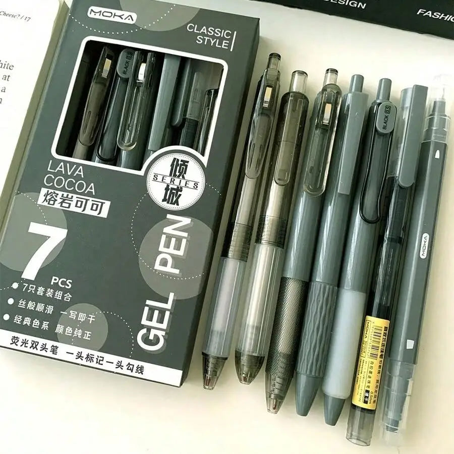 7pcs/Set St-Tip Push Pen & Pen Combination School Stationery Set Quick Drying And Brush Writing