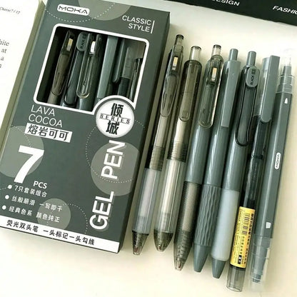 7pcs/Set St-Tip Push Pen & Pen Combination School Stationery Set Quick Drying And Brush Writing