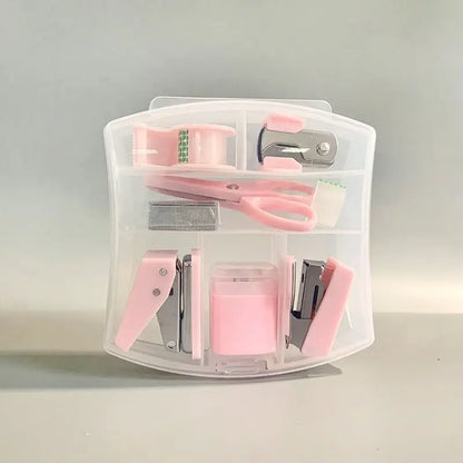 8 Pcs Mini Office Supplies Set with Portable Case Including Scissors Tape Dispenser Pencil Case Hole Puncher and Staples for Home School Desktop Stationery