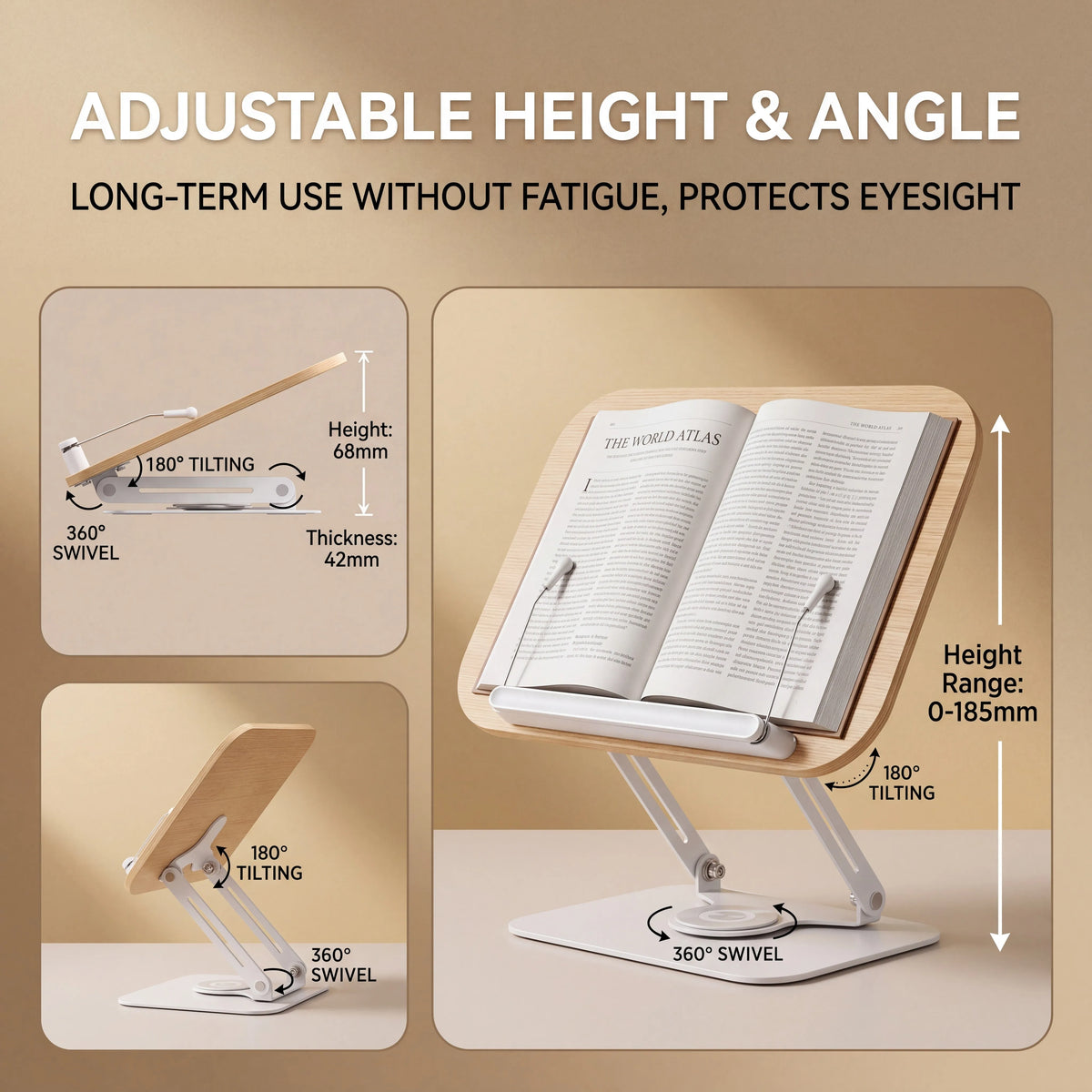 Book Stand for Reading Adjustable Book Holder with 360° Rotating Base Elastic Page Clips  Desktop Riser Stand Adjustable Book Stand with 360 Rotating Base, Foldable Reading Riser & Elastic Page Clips, for Books Tablets, Home
