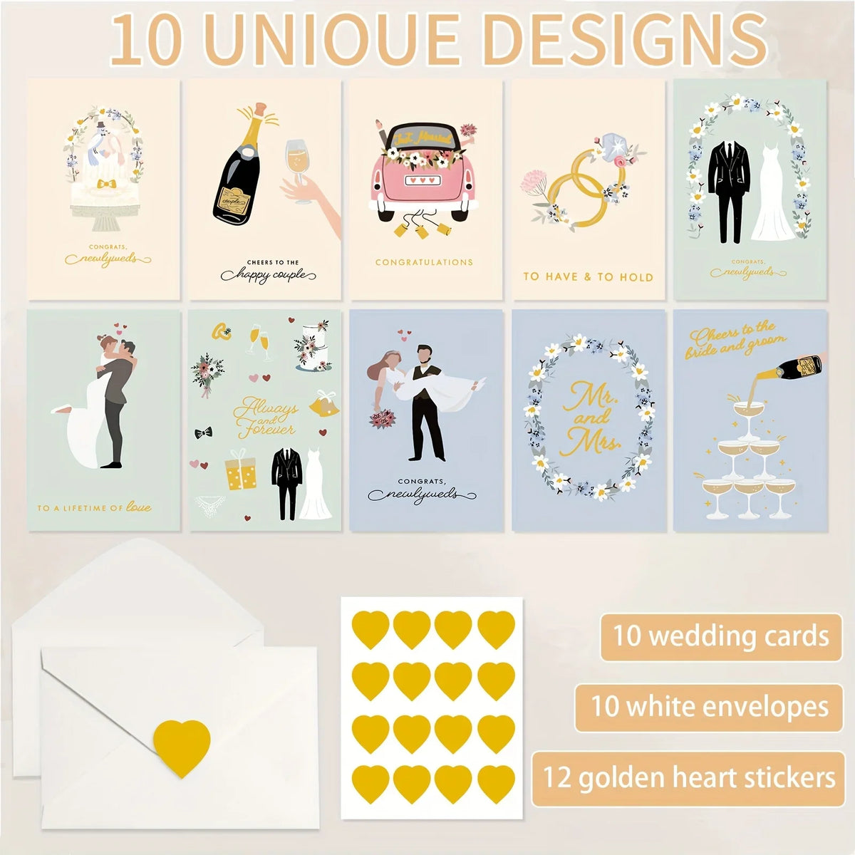 10 Pack Gold Foil Wedding Congratulations Greeting Cards, Minimalist Bride Groom Illustrations Blank Note Cards for Wedding Engagement Bridal Shower Newlyweds Gift Wishes