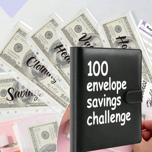 100 Envelope Savings Challenge Binder, Cash Saving Challenge Book with Envelopes, PU Leather Money Saving Planner Budget Book, Cash Envelope Wallet for Budgeting & Financial Planning
