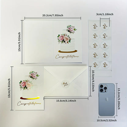 10 Pack Gold Foil Congratulations Greeting Cards with Envelopes & Sealing Stickers, Floral Wedding Cake Design Blank Inside Note Cards for Wedding Engagement Bridal Shower Marriage Gift