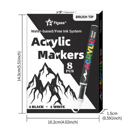 8pcs Black and White Acrylic Paint Markers Set, Large Ink Capacity, Acrylic Markers for Illustration Sketching, Wood, Glass, Fab