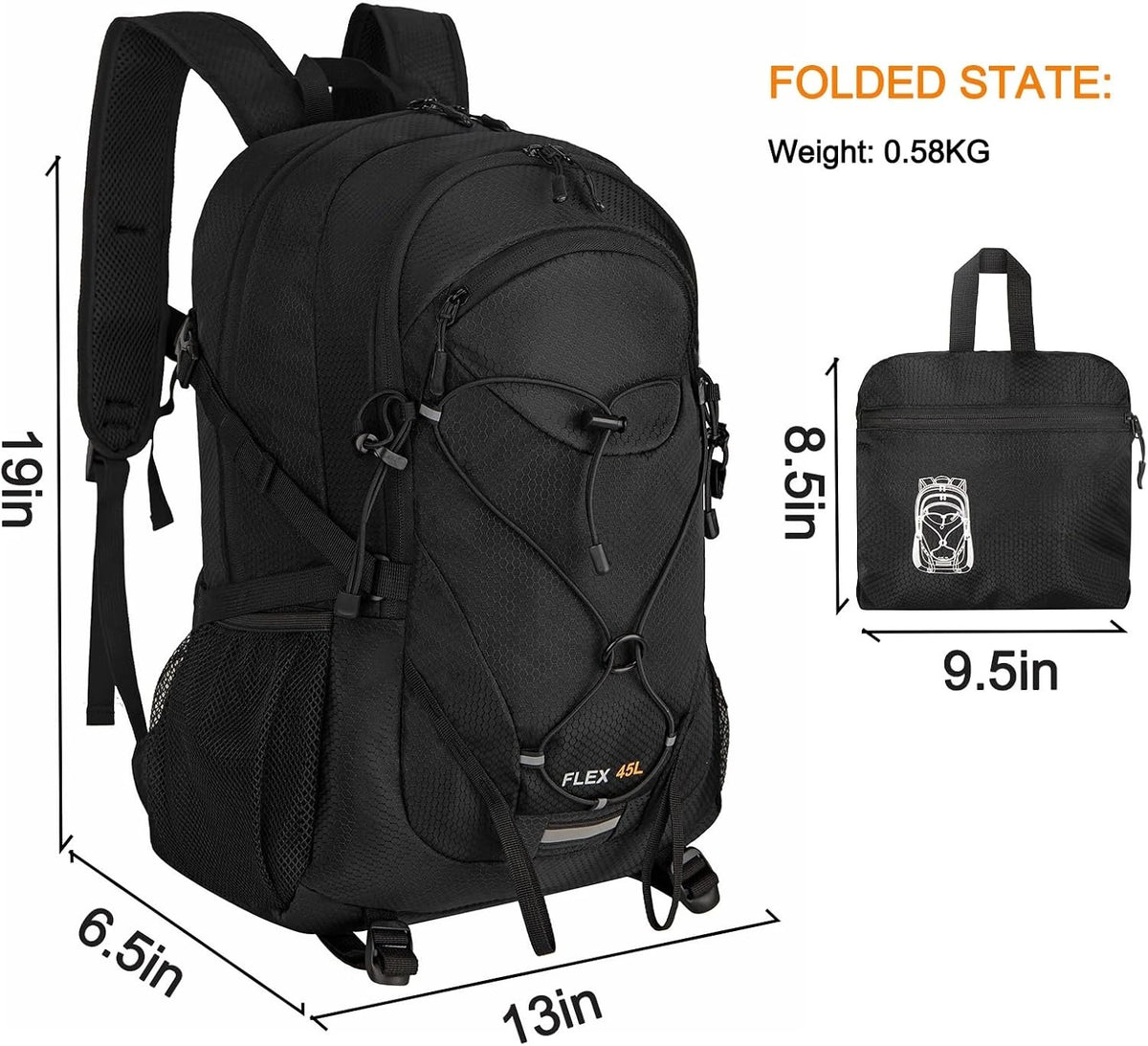 45L Foldable Water Resistant Hiking Backpack With Rain Cover & Trekking Pole Holder Ergonomic Daypack Black For Mountaineering Climbing Camping Backpacking Fishing Cycling Multi-Day Trek Weekend Travel Outdoor Sports Men Wome