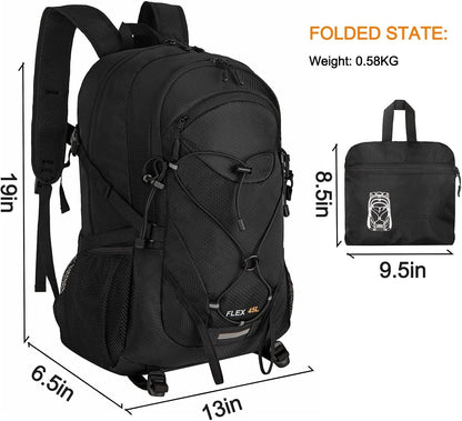 45L Foldable Water Resistant Hiking Backpack With Rain Cover & Trekking Pole Holder Ergonomic Daypack Black For Mountaineering Climbing Camping Backpacking Fishing Cycling Multi-Day Trek Weekend Travel Outdoor Sports Men Wome