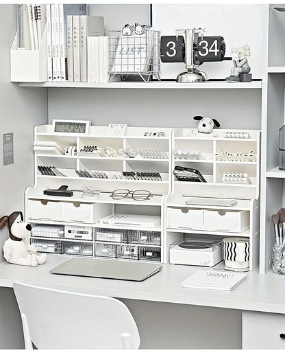 1PC 2-Tier Desk Organizer & Drawer Storage|With Tilt Pen Holder, Raised Bookshelf |Matte White PVC For Stationery, Cosmetics, O