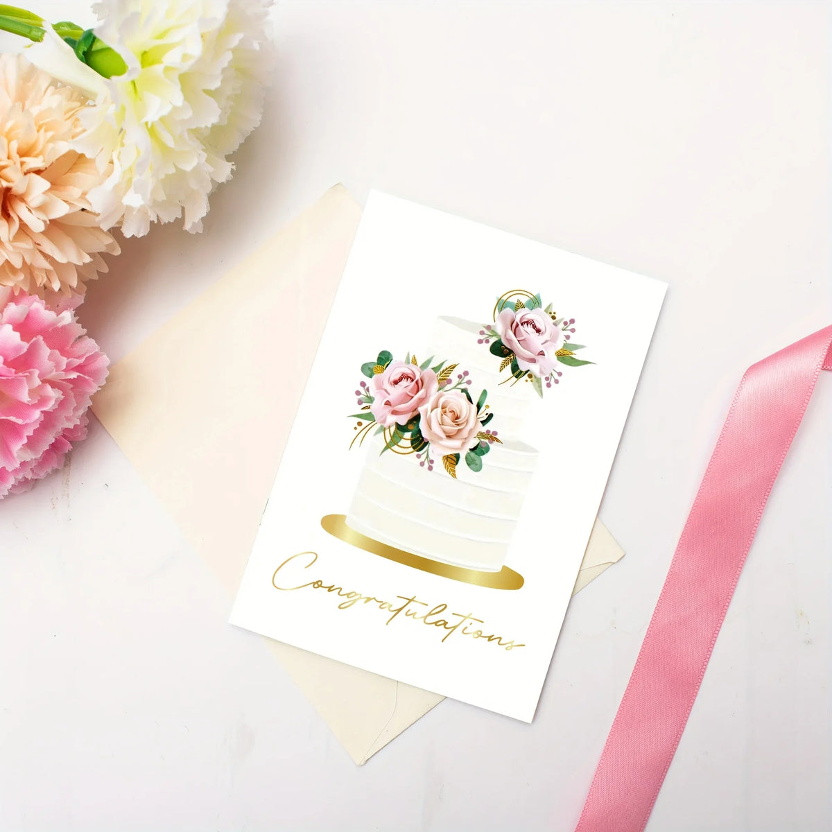 10 Pack Gold Foil Congratulations Greeting Cards with Envelopes & Sealing Stickers, Floral Wedding Cake Design Blank Inside Note Cards for Wedding Engagement Bridal Shower Marriage Gift