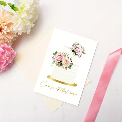 10 Pack Gold Foil Congratulations Greeting Cards with Envelopes & Sealing Stickers, Floral Wedding Cake Design Blank Inside Note Cards for Wedding Engagement Bridal Shower Marriage Gift