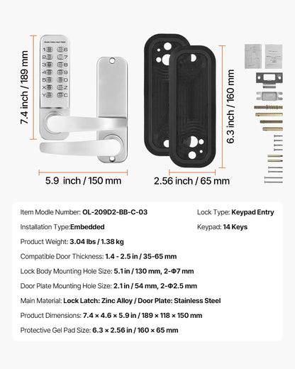 SucceBuy Mechanical Keyless Entry Door Lock 14 Key Mechanical Door Lock Mechanical Keypad Door Knob Single-Side Keyless Lock