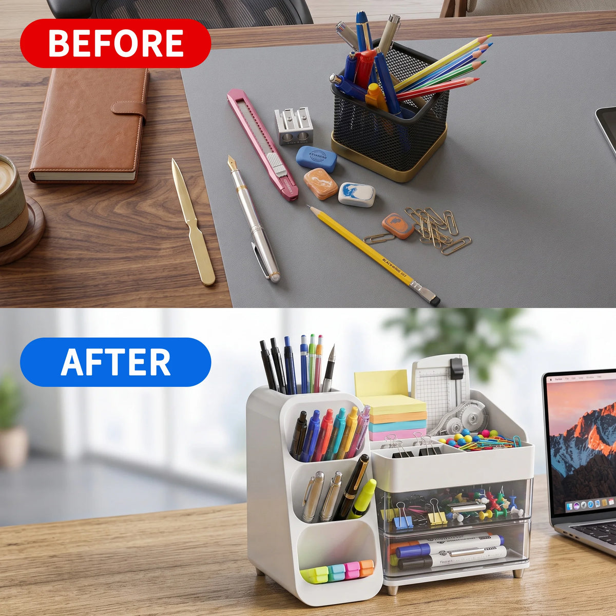 Desk Organizer with Pen Holder, 2 Drawers & 4 Compartments  Multifunctional Pen Holder Drawer Stationery Organizer Storage Desk Organizers Plastic Accessories Office School Supplies Plastic Desktop Storage for Office, School