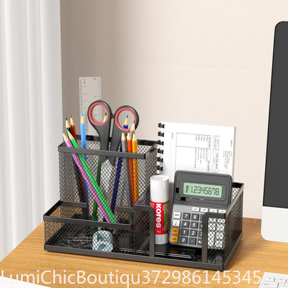 Black Mesh Desk Organizer 3‑Compartments Office Supply Caddy With Pencil Holder Storage Baskets Desktop Accessories Office Workspace Organizer