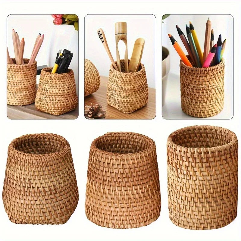 Chic Rattan Pen Holder - Durable, Lightweight Desk Organizer for Home, Office & School | Available in 3 Sizes