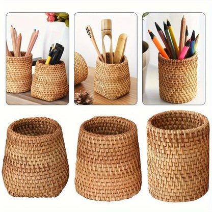 Chic Rattan Pen Holder - Durable, Lightweight Desk Organizer for Home, Office & School | Available in 3 Sizes