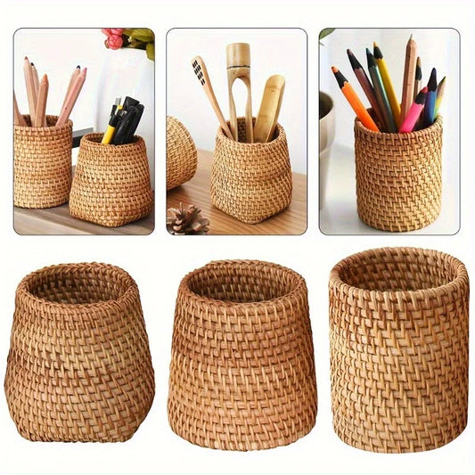 Chic Rattan Pen Holder - Durable, Lightweight Desk Organizer for Home, Office & School | Available in 3 Sizes