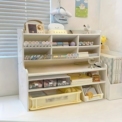 1PC 2-Tier Desk Organizer & Drawer Storage|With Tilt Pen Holder, Raised Bookshelf |Matte White PVC For Stationery, Cosmetics, O