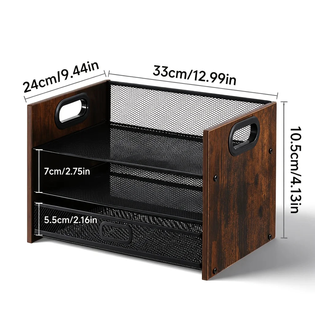 Storage Rack, Magazine and Newspaper Basket – Three-Tier Desktop Document Organizer with Drawers, Wooden Paper Tray, Office Desk Storage and Organization Tool, and Stationery Accessories, Ideal for Files, Letters, Notebooks