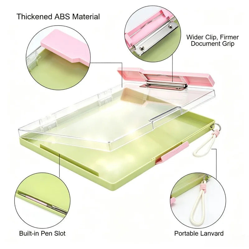 1 Pack Thickened ABS Storage Clipboard 13.3×9.88 Inch Portable Writing Board with Built-in Storage & Clear Lid, Multi-Color Document Holder