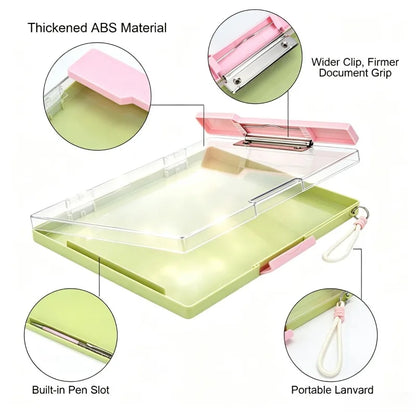 1 Pack Thickened ABS Storage Clipboard 13.3×9.88 Inch Portable Writing Board with Built-in Storage & Clear Lid, Multi-Color Document Holder