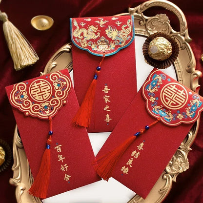 10Pcs/Set Traditional Chinese Wedding Red Envelopes with Tassel, Lucky Money Packets for Blessing