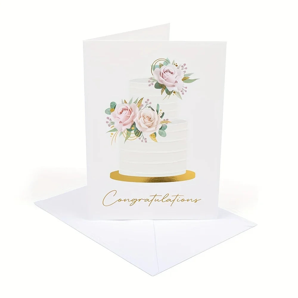10 Pack Gold Foil Congratulations Greeting Cards with Envelopes & Sealing Stickers, Floral Wedding Cake Design Blank Inside Note Cards for Wedding Engagement Bridal Shower Marriage Gift
