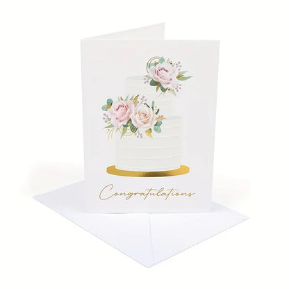 10 Pack Gold Foil Congratulations Greeting Cards with Envelopes & Sealing Stickers, Floral Wedding Cake Design Blank Inside Note Cards for Wedding Engagement Bridal Shower Marriage Gift