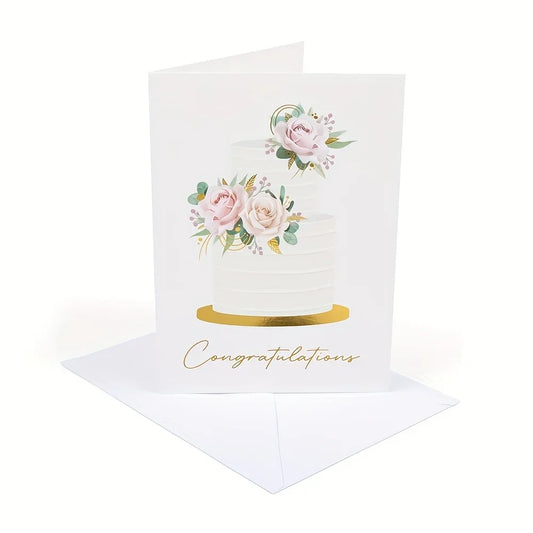 10 Pack Gold Foil Congratulations Greeting Cards with Envelopes & Sealing Stickers, Floral Wedding Cake Design Blank Inside Note Cards for Wedding Engagement Bridal Shower Marriage Gift