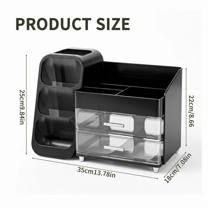 Desk Organizer with Pen Holder, 2 Drawers & 4 Compartments  Multifunctional Pen Holder Drawer Stationery Organizer Storage Desk Organizers Plastic Accessories Office School Supplies Plastic Desktop Storage for Office, School