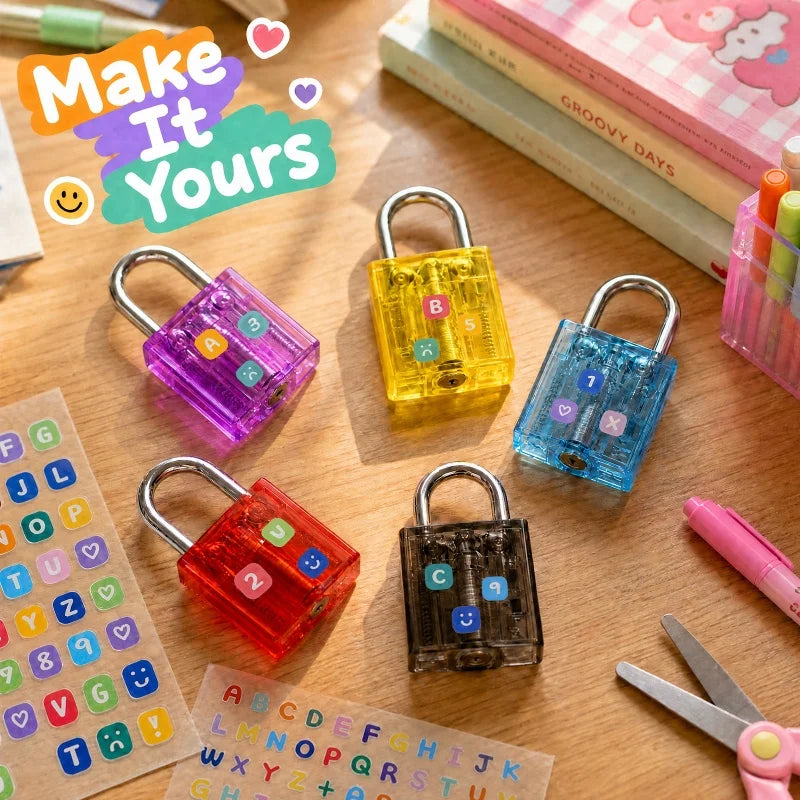 BOZZYS Transparent Mini Lock Set of 5 with 6 Keys, DIY Stickers Included, Make It Yours Design, One Key Opens Every Lock, Compact Colorful Padlocks for Gym Lockers, Cabinets, Suitcases and Zipper Bags
