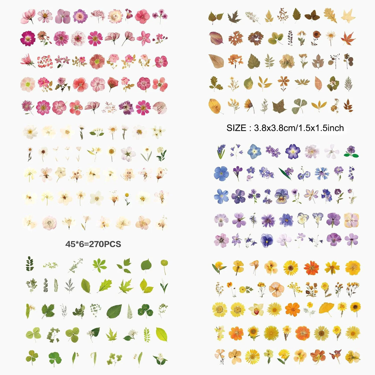 270pcs Flower Stickers Set, Dried Flowers Waterproof Stickers Decals Floral Botanical Journaling Stickers for Scrapbook Supplies Junk Journal Bullet Journals Planner Laptops Art Crafts
