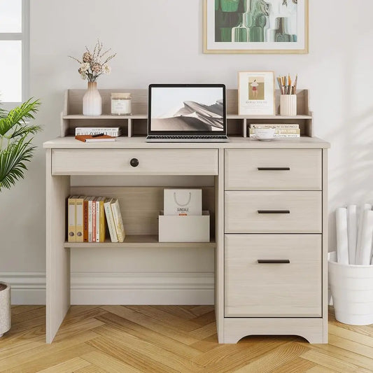 Small Desk with Small Spaces, 44'' Computer Desk with Cabinet & Monitor Stand, Wood Writing Desk or Bedroom, Living room