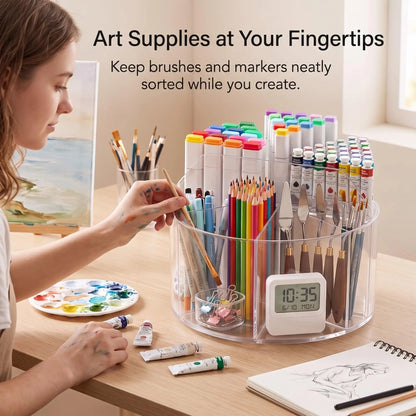 Spinning Acrylic Desk Pen Holder 360 Degree With 6 Compartments And Handle 7.87 Inch Diameter Clear Desktop Caddy For Supplies Desk Matt For Desktop Office Vanity Storage