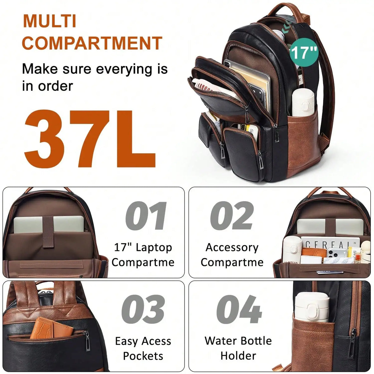LATMAP Vegan Leather Backpack 17 Inch Laptop Backpack For Travel Multipurpose Design College Handbag Shoulder Bag