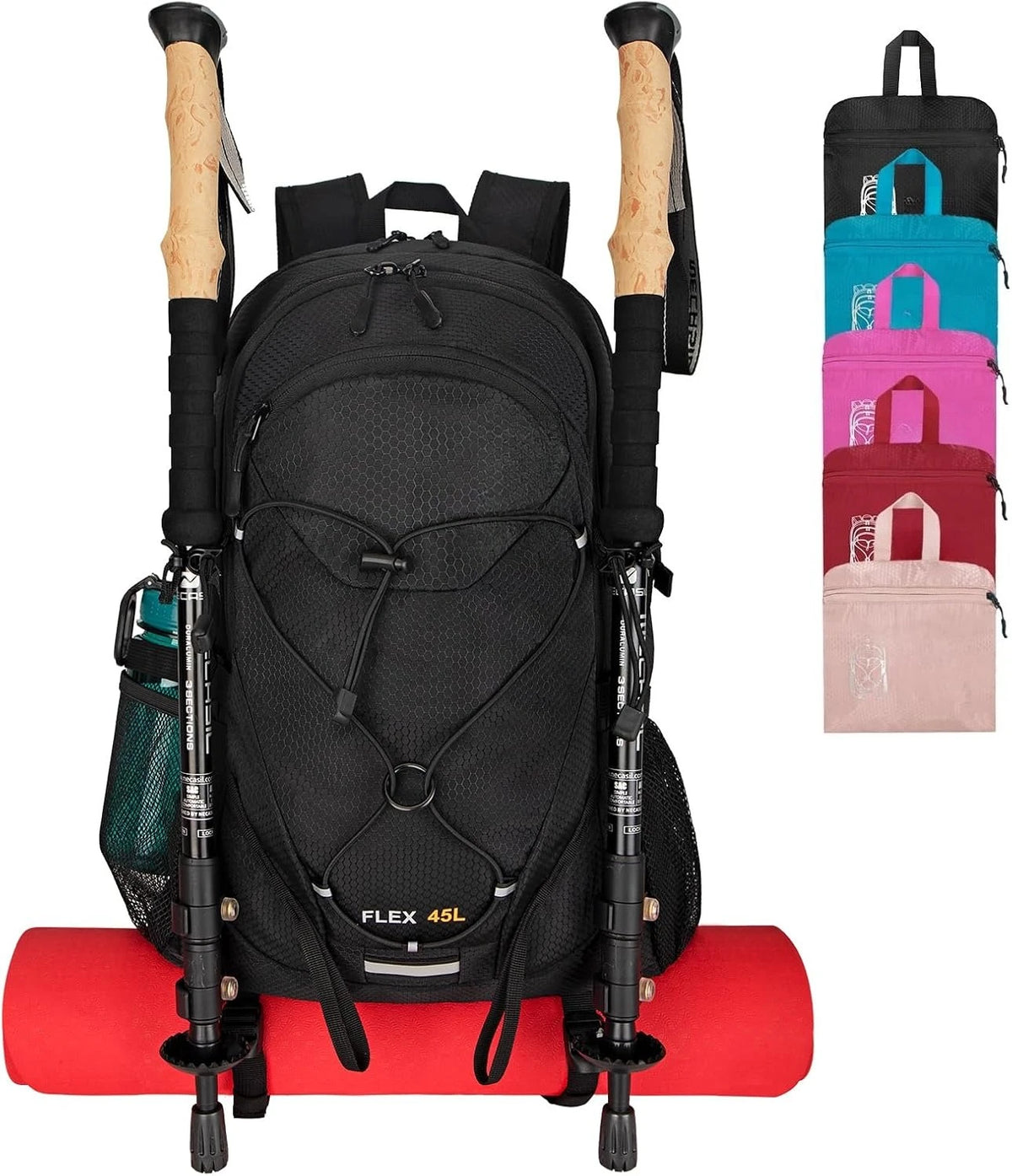 45L Foldable Water Resistant Hiking Backpack With Rain Cover & Trekking Pole Holder Ergonomic Daypack Black For Mountaineering Climbing Camping Backpacking Fishing Cycling Multi-Day Trek Weekend Travel Outdoor Sports Men Wome