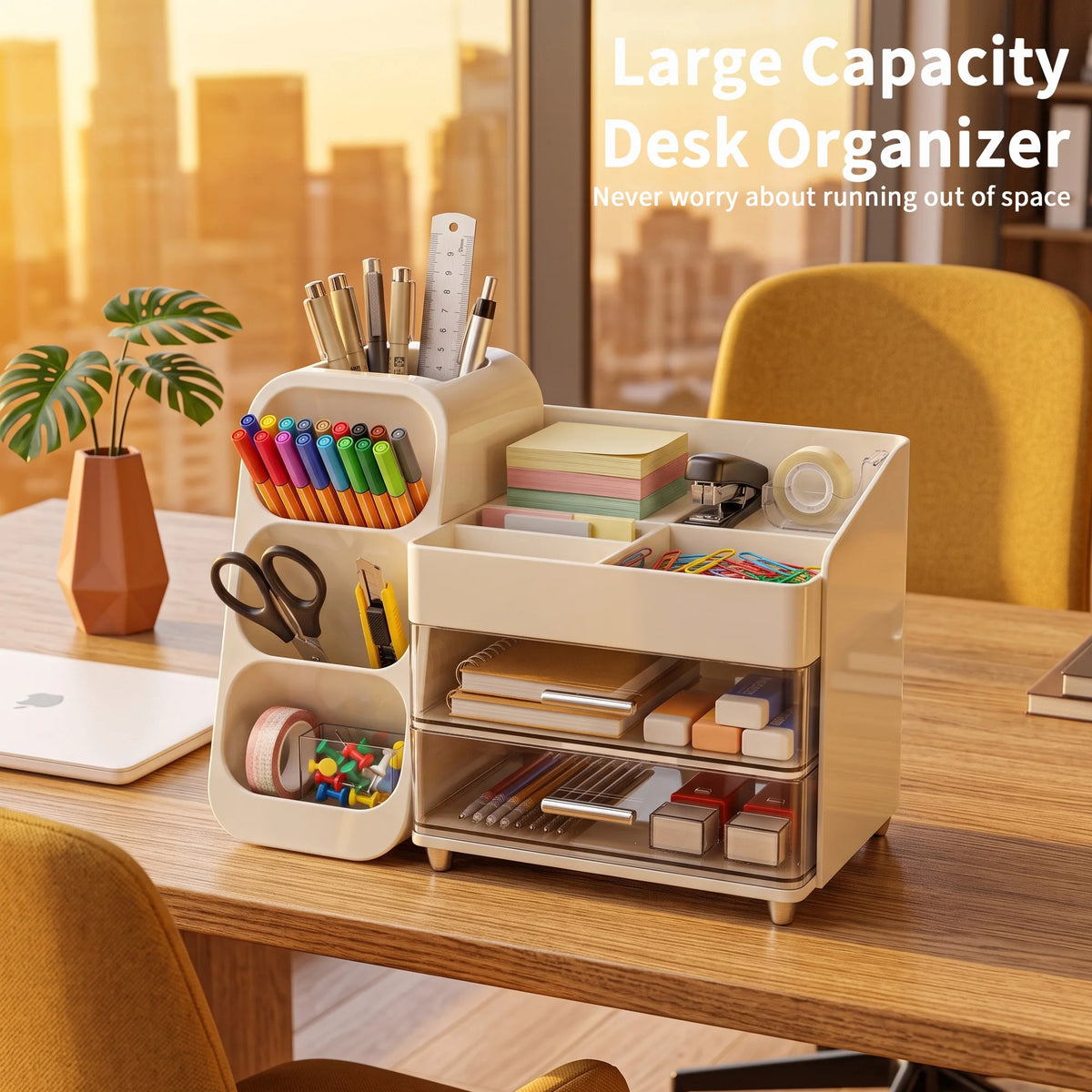 Desk Organizer with Pen Holder, 2 Drawers & 4 Compartments  Multifunctional Pen Holder Drawer Stationery Organizer Storage Desk Organizers Plastic Accessories Office School Supplies Plastic Desktop Storage for Office, School
