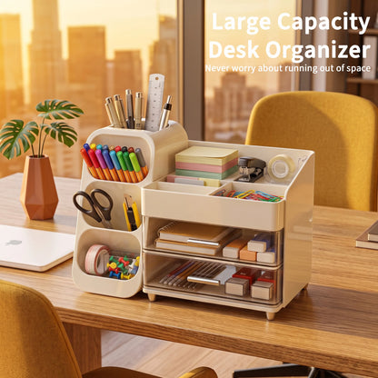 Desk Organizer with Pen Holder, 2 Drawers & 4 Compartments  Multifunctional Pen Holder Drawer Stationery Organizer Storage Desk Organizers Plastic Accessories Office School Supplies Plastic Desktop Storage for Office, School