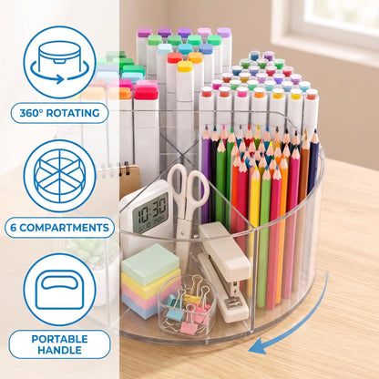 Spinning Acrylic Desk Pen Holder 360 Degree With 6 Compartments And Handle 7.87 Inch Diameter Clear Desktop Caddy For Supplies Desk Matt For Desktop Office Vanity Storage