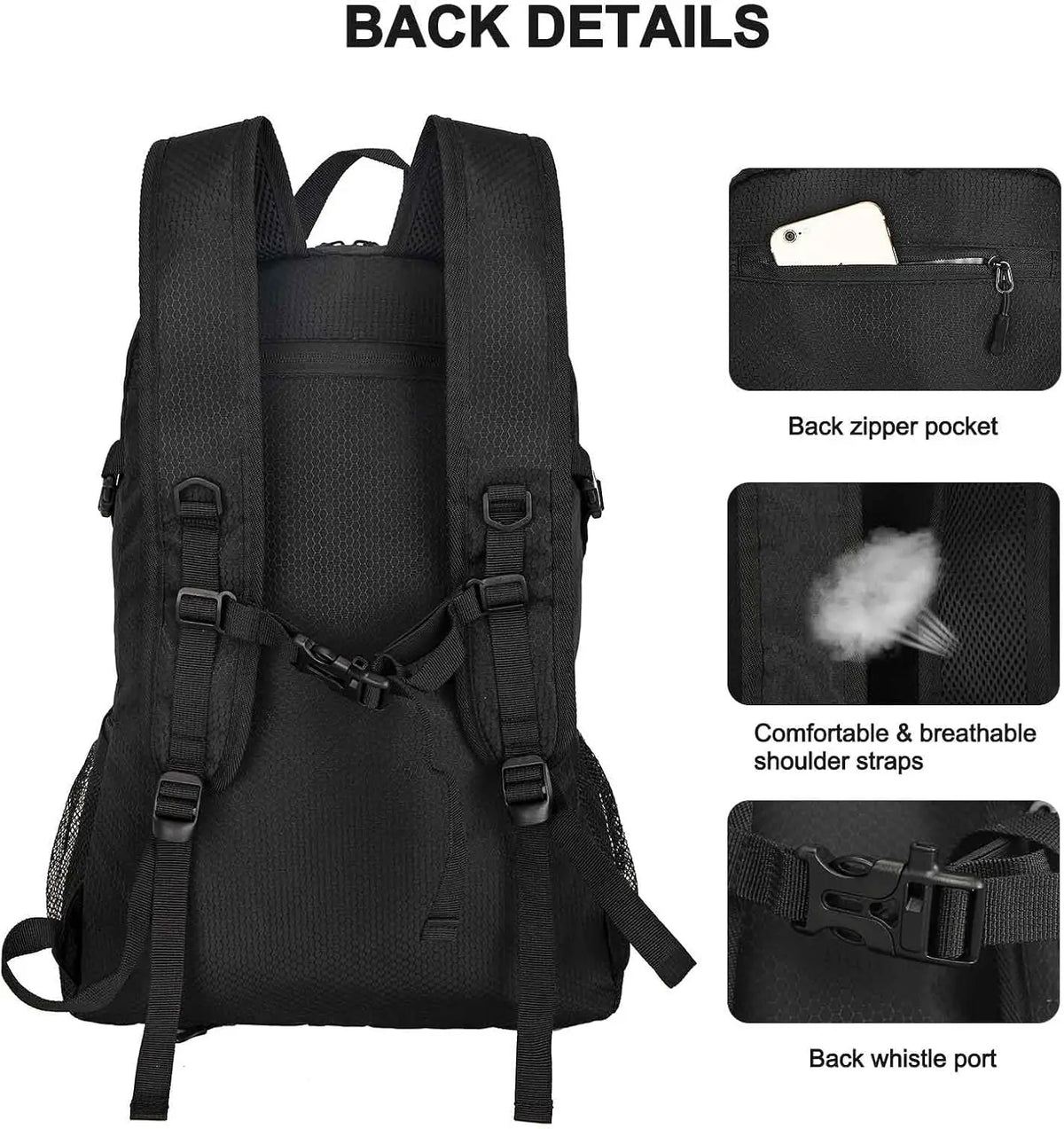 45L Foldable Water Resistant Hiking Backpack With Rain Cover & Trekking Pole Holder Ergonomic Daypack Black For Mountaineering Climbing Camping Backpacking Fishing Cycling Multi-Day Trek Weekend Travel Outdoor Sports Men Wome