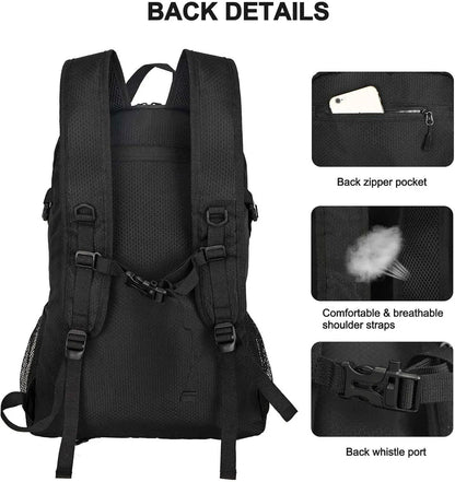 45L Foldable Water Resistant Hiking Backpack With Rain Cover & Trekking Pole Holder Ergonomic Daypack Black For Mountaineering Climbing Camping Backpacking Fishing Cycling Multi-Day Trek Weekend Travel Outdoor Sports Men Wome