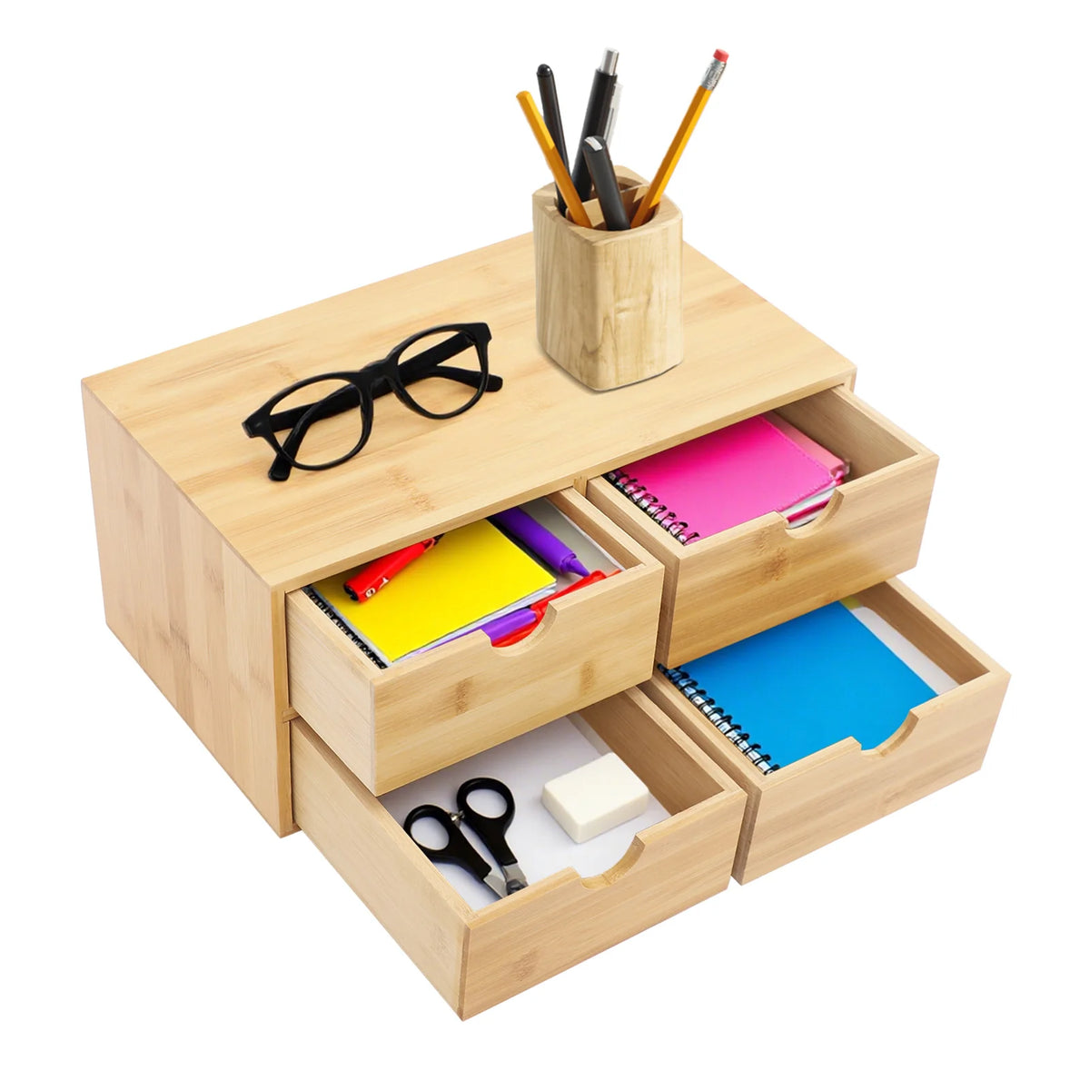 4-Drawer Tabletop Storage Organizer, Bamboo Desk Organizer, Desktop Tabletop Storage Caddy, 33*19*16 cm/12.99*7.48*6.3 in
