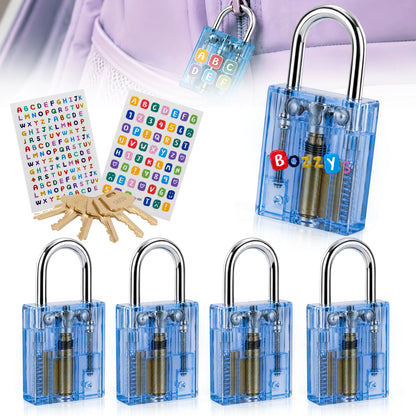 BOZZYS Transparent Mini Lock Set of 5 with 6 Keys, DIY Stickers Included, Make It Yours Design, One Key Opens Every Lock, Compact Colorful Padlocks for Gym Lockers, Cabinets, Suitcases and Zipper Bags