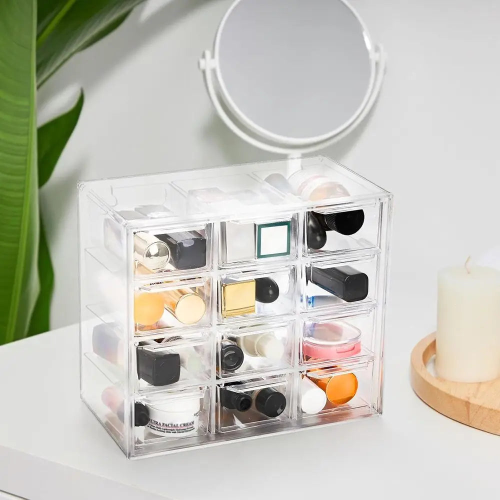 2-Pack Clear Mini Desk Organizer with 12 Removable Drawers for Desk Craft Storage, Art Supplies, Office, and Cosmetics
