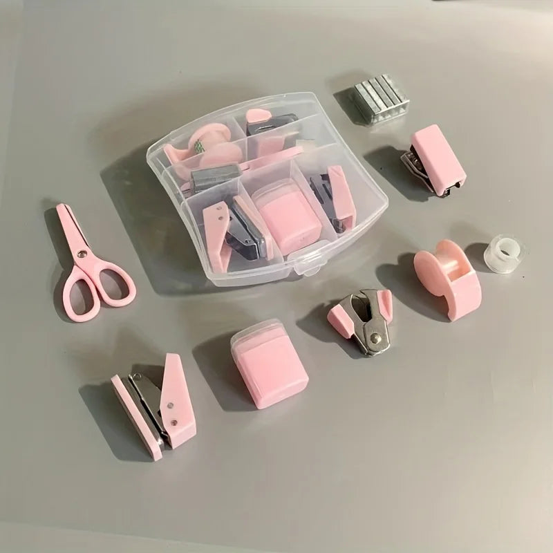 8 Pcs Mini Office Supplies Set with Portable Case Including Scissors Tape Dispenser Pencil Case Hole Puncher and Staples for Home School Desktop Stationery