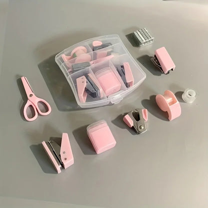 8 Pcs Mini Office Supplies Set with Portable Case Including Scissors Tape Dispenser Pencil Case Hole Puncher and Staples for Home School Desktop Stationery