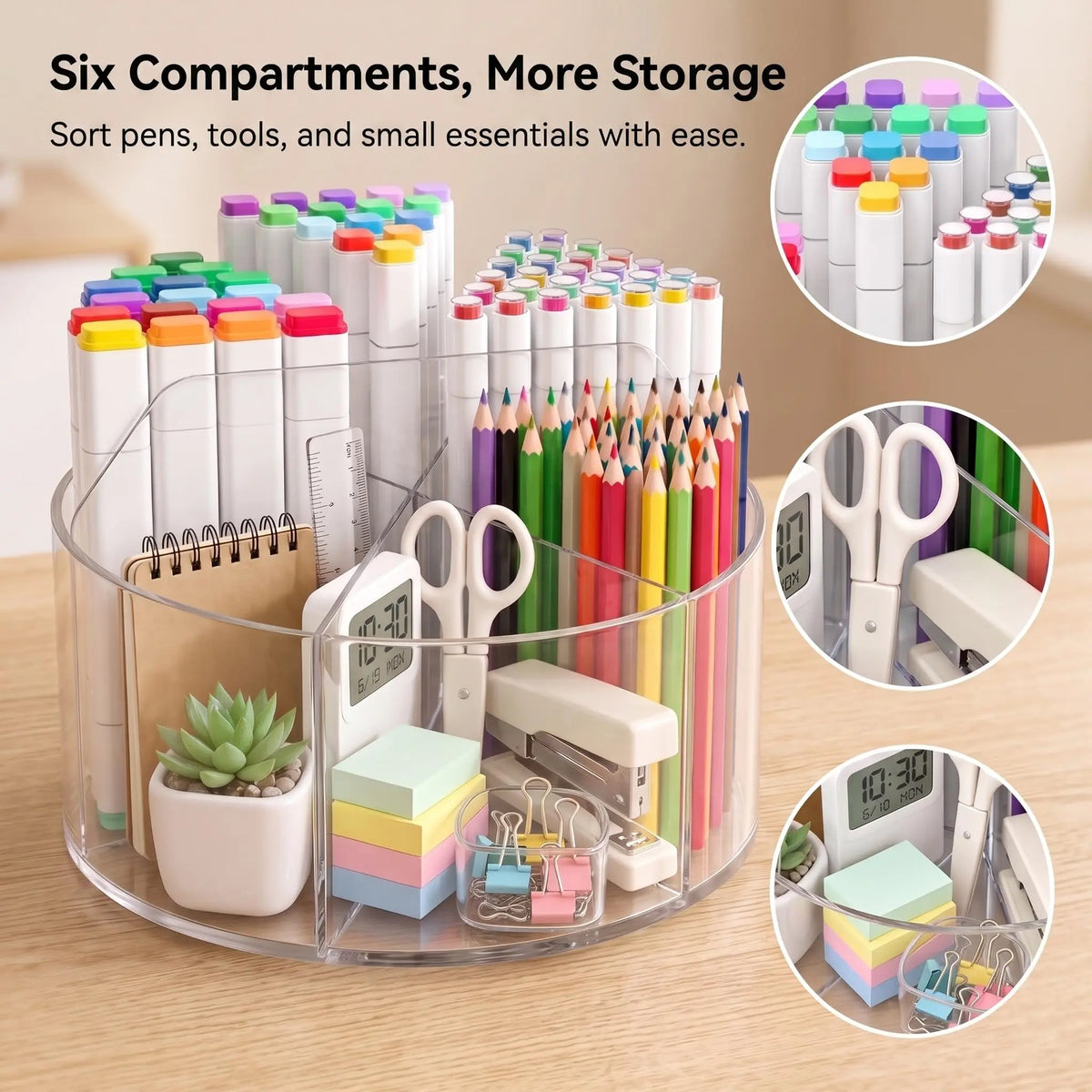 Spinning Acrylic Desk Pen Holder 360 Degree With 6 Compartments And Handle 7.87 Inch Diameter Clear Desktop Caddy For Supplies Desk Matt For Desktop Office Vanity Storage