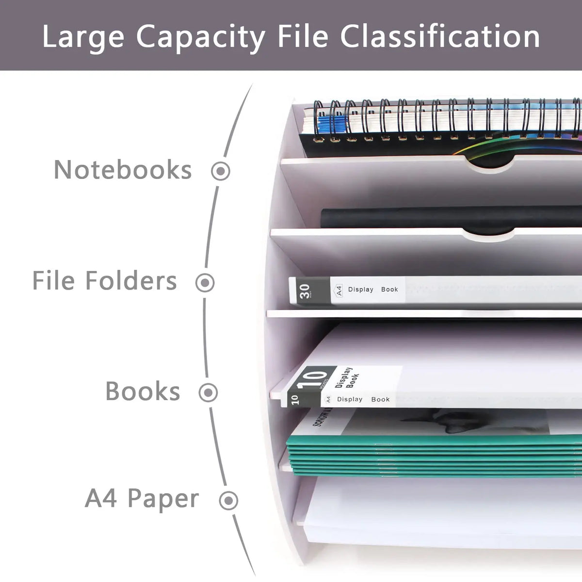 Fan Shaped Desk File Organizer - 6 Compartments File Holder for Desktop, Magazine Rack, Mail Holder, File Sorter, Paper Organizer for Home Office Classroom, White