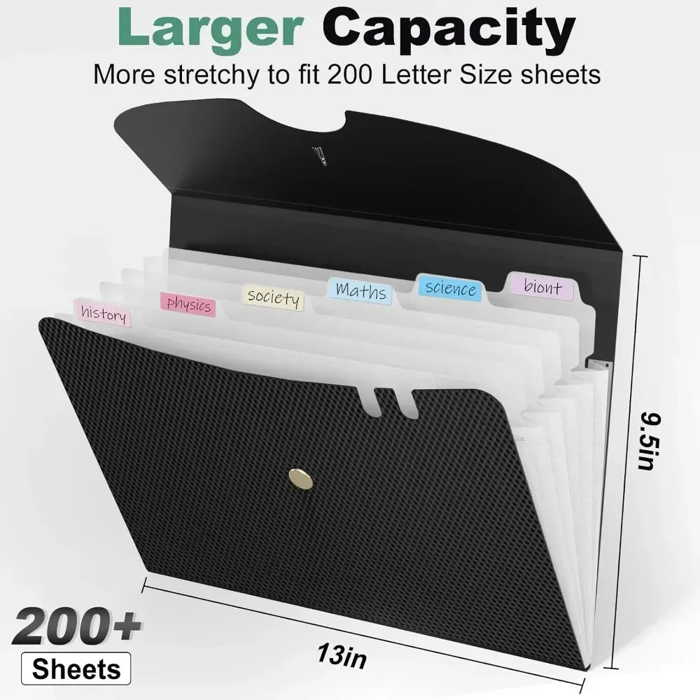 7-Pocket Expanding File Folder, Letter Size, Portable Document Organizer with Bungee Closure, Black