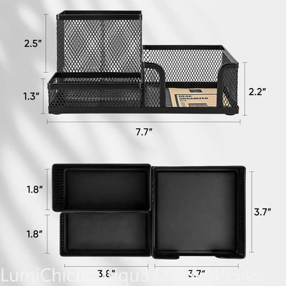 Black Mesh Desk Organizer 3‑Compartments Office Supply Caddy With Pencil Holder Storage Baskets Desktop Accessories Office Workspace Organizer