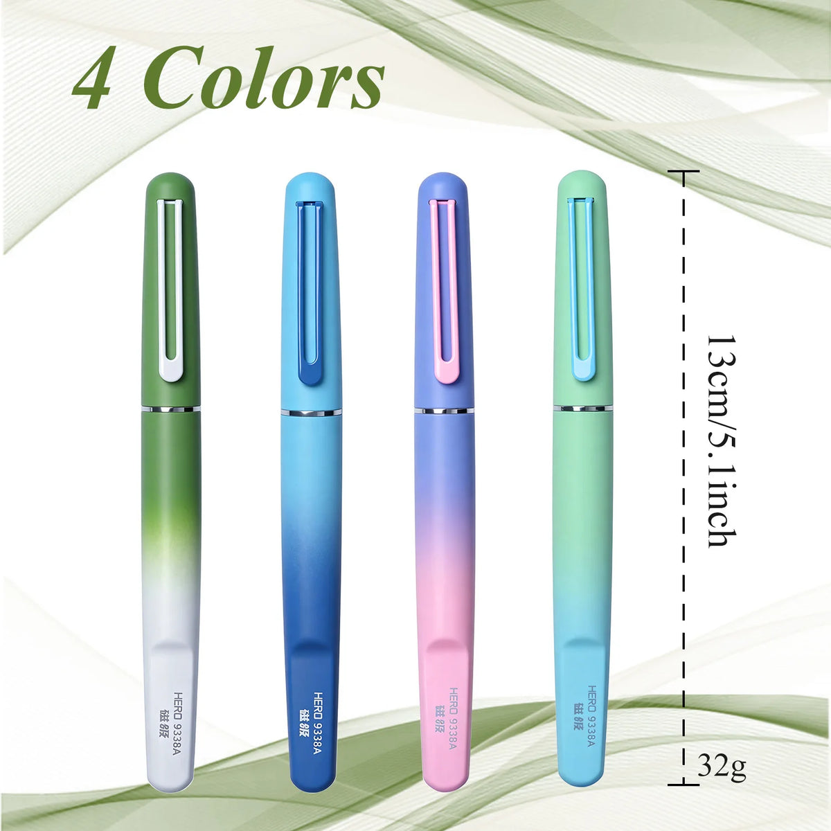 HERO 9338A Magnetic Fountain Pen 0.38mm Iridium EF Nib Frosted Gradient Metal Body Fingerprint Proof Ergonomic Grip Quick Dry Ink Smooth Writing, Anti-Skip & Anti-Blob